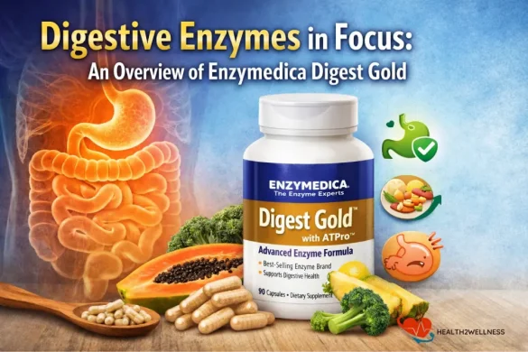 Enzymedica Digest Gold digestive enzyme supplement bottle with digestive system illustration and healthy foods