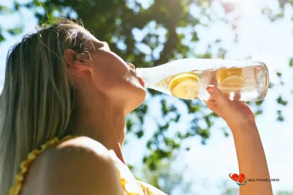 hydration tips for busy people who hate plain water. Women drinking lemon water with bottle.